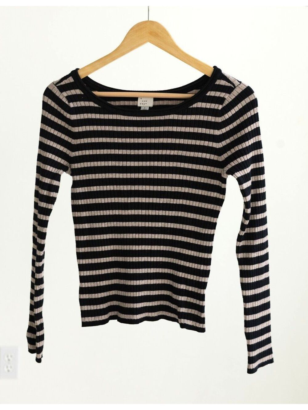 A New Day Striped Ribbed Long Sleeve Top Large Black Beige Scoop Neck